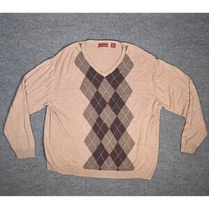 American‎ Blue Mens XXL Argyle V-Neck Sweater Tan Brown Silk Cashmere Blend Knit